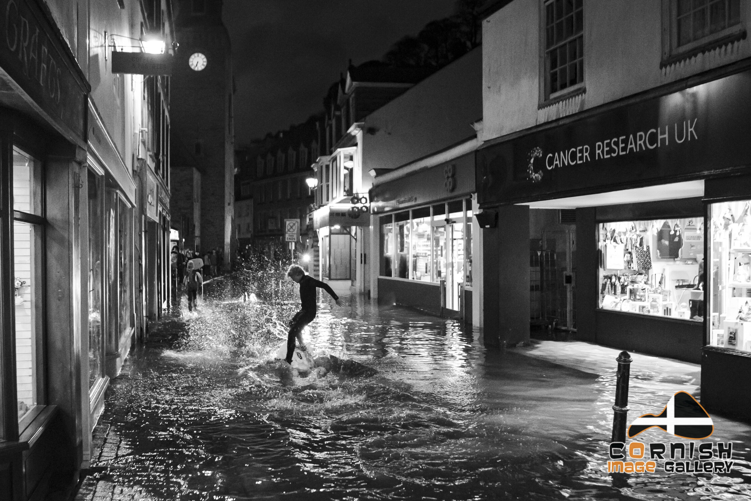Looe Fore Street in Flood in Black & White 844