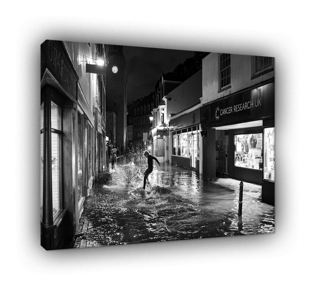 Looe Fore Street in Flood in Black & White 844 - Image 3