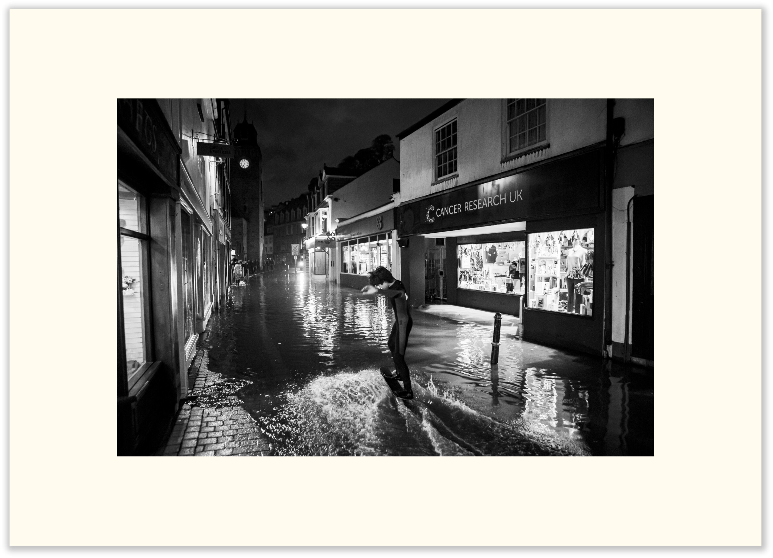 Looe Fore Street in Flood in Black & White 845 - Image 2