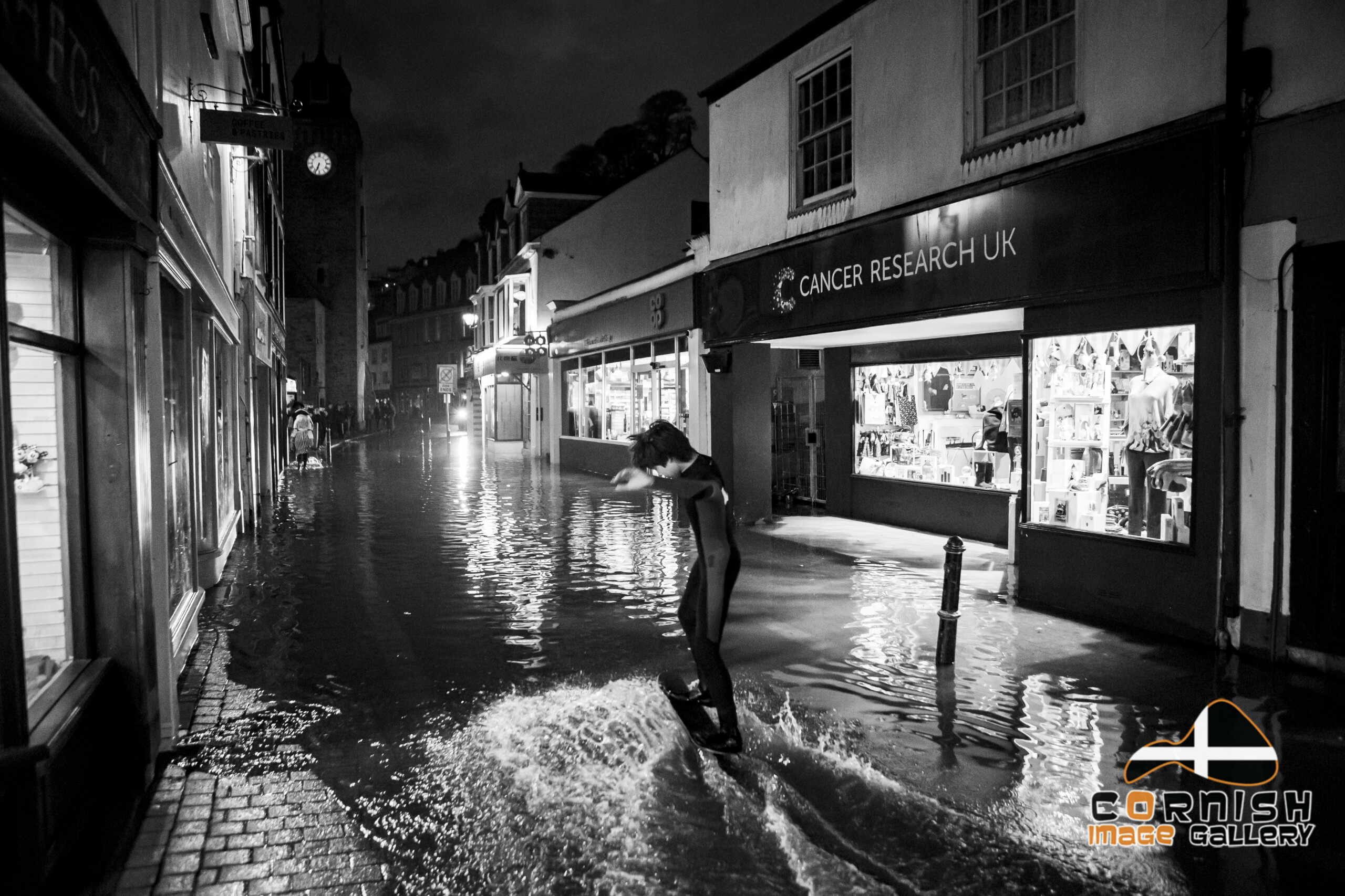 Looe Fore Street in Flood in Black & White 845