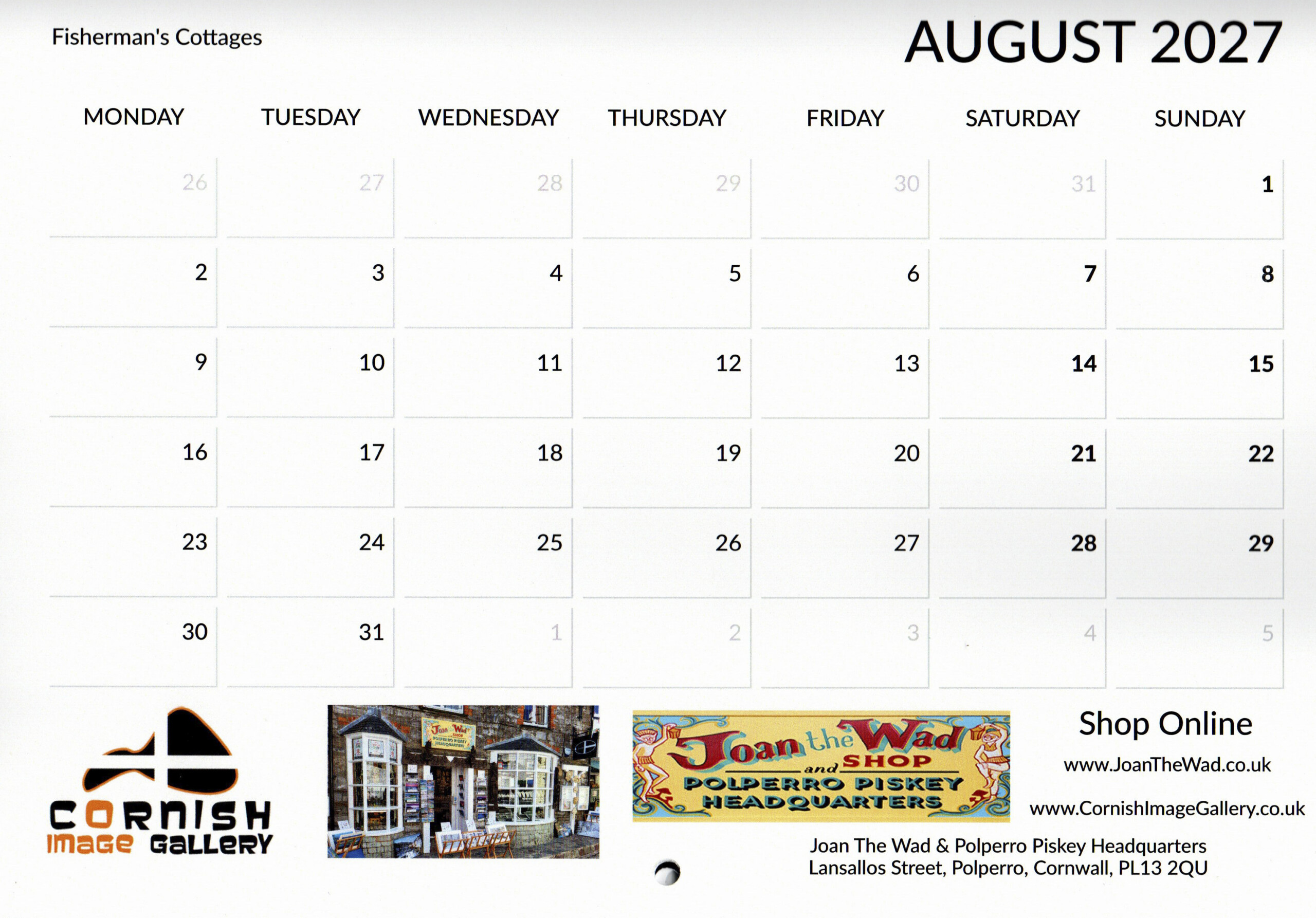 A printed calendar page for August 2027, featuring a clean, grid-based layout with a Monday-to-Sunday format. The month begins on Sunday, August 1st, and ends on Tuesday, August 31st. In the top-left corner, the text reads "Fisherman's Cottages." Along the bottom third of the page, there are promotional logos, an image, and contact details. From left to right, it features the "Cornish Image Gallery" logo, a photograph of a traditional stone storefront, and a vintage-style yellow and red banner for "Joan the Wad Shop and Polperro Piskey Headquarters." To the far right, text prompts viewers to "Shop Online" with the URLs www.JoanTheWad.co.uk and www.CornishImageGallery.co.uk, alongside the physical address: Lansallos Street, Polperro, Cornwall, PL13 2QU.
